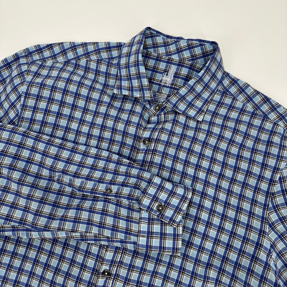 Johnnie-O Featherweight Mens Large Blue Plaid Cotton Button Down Shirt Summer